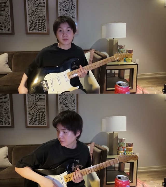 방탄소년단 슈가, 투어 중 힐링은 '기타 연습'…소탈한 '방콕' 일상 공개