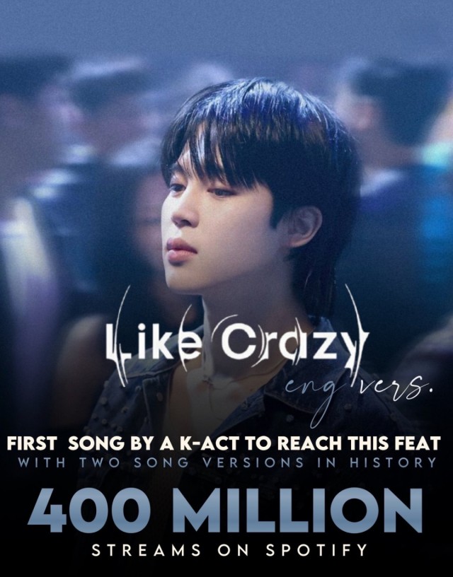 ジミンLike Crazy英韓バージョンともにSpotify4億回再生突破KPOP初の記録