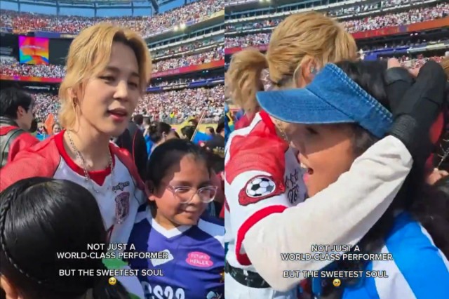 BTS Jimin connects with children during the World Cup final halftime show... encouragement and hugs included