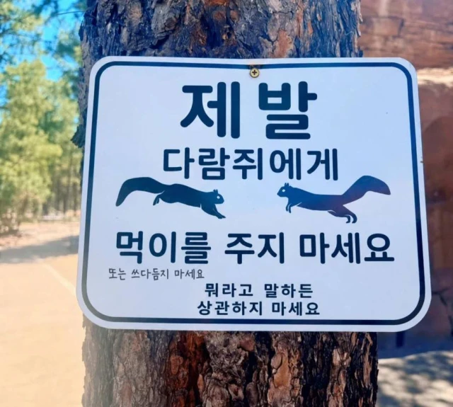 다람쥐에게 먹이를 주지 말라는 경고 표지판